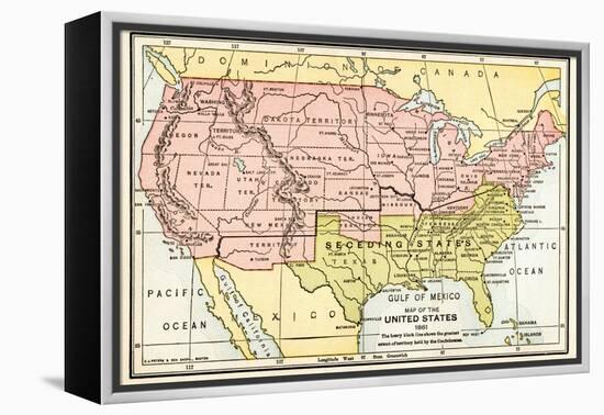 Map of the United States in 1861, at the Start of the Civil War-null-Framed Premier Image Canvas