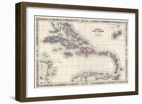 Map of the West Indies and Caribbean by A.J. Johnson-null-Framed Giclee Print