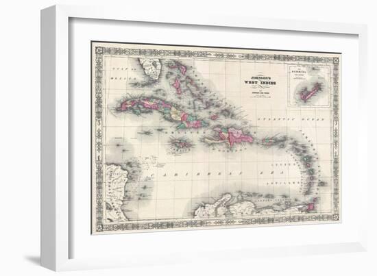 Map of the West Indies and Caribbean by A.J. Johnson-null-Framed Giclee Print