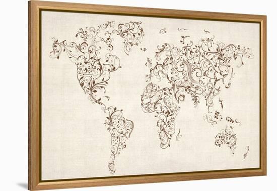 Map of the World Map Floral Swirls-Michael Tompsett-Framed Stretched Canvas