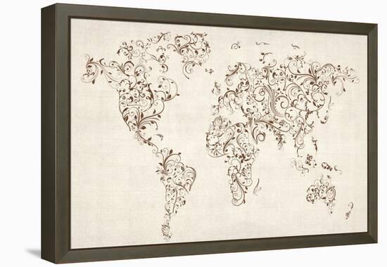 Map of the World Map Floral Swirls-Michael Tompsett-Framed Stretched Canvas