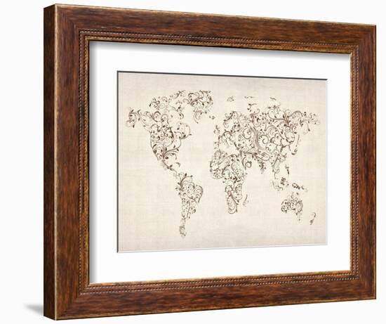 Map of the World Map Floral Swirls-Michael Tompsett-Framed Art Print