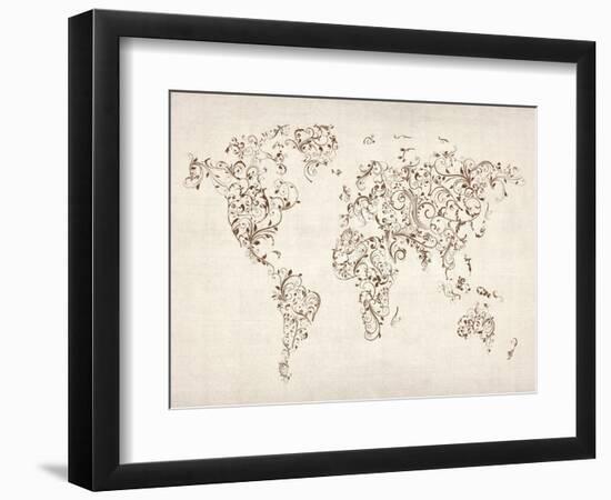 Map of the World Map Floral Swirls-Michael Tompsett-Framed Art Print