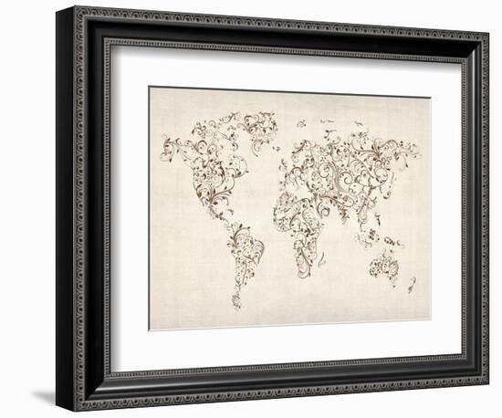 Map of the World Map Floral Swirls-Michael Tompsett-Framed Art Print