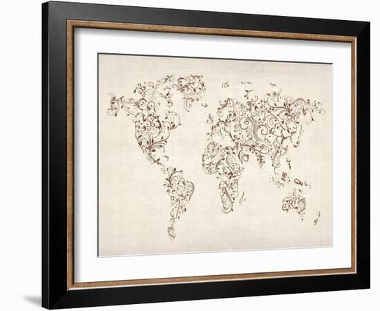 Map of the World Map Floral Swirls-Michael Tompsett-Framed Art Print