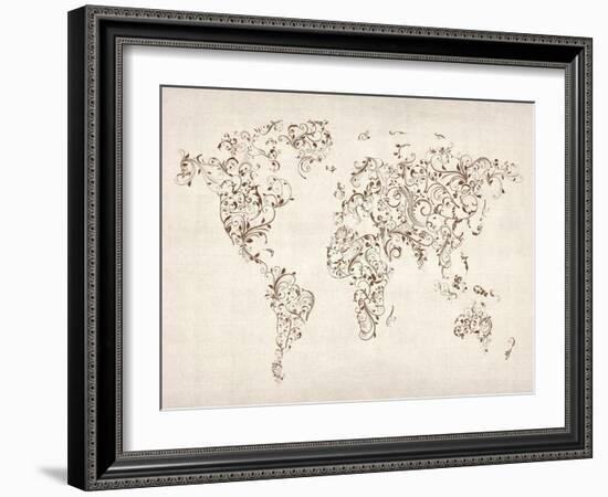 Map of the World Map Floral Swirls-Michael Tompsett-Framed Art Print