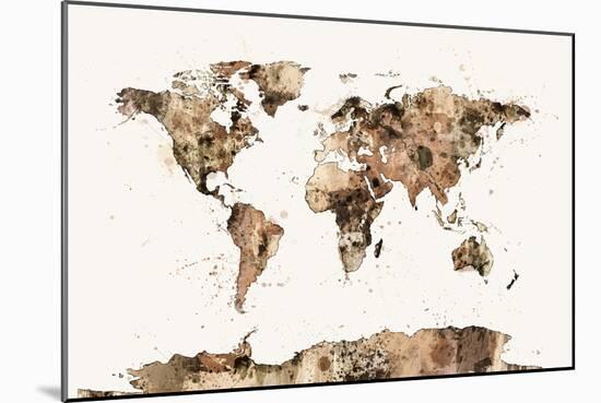 Map of the World Map Sepia Watercolor-Michael Tompsett-Mounted Art Print