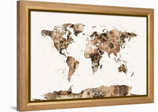 Map of the World Map Sepia Watercolor-Michael Tompsett-Framed Stretched Canvas