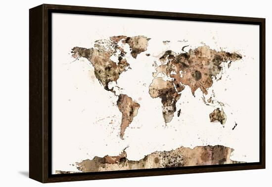 Map of the World Map Sepia Watercolor-Michael Tompsett-Framed Stretched Canvas