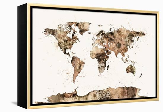 Map of the World Map Sepia Watercolor-Michael Tompsett-Framed Stretched Canvas