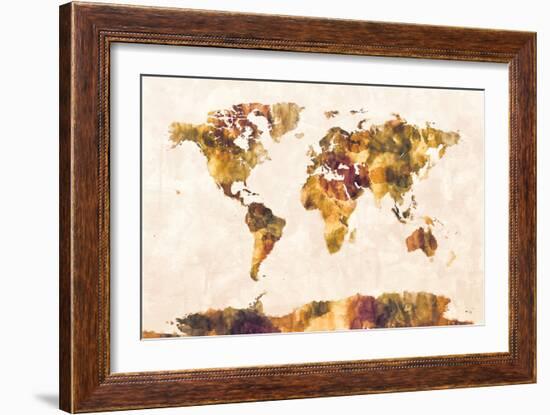 Map of the World Map Watercolor Painting-Michael Tompsett-Framed Art Print