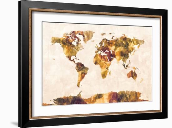 Map of the World Map Watercolor Painting-Michael Tompsett-Framed Art Print