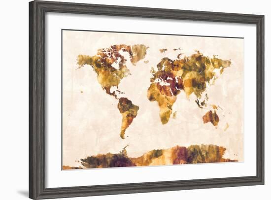 Map of the World Map Watercolor Painting-Michael Tompsett-Framed Art Print