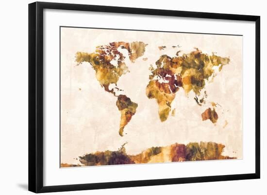 Map of the World Map Watercolor Painting-Michael Tompsett-Framed Art Print