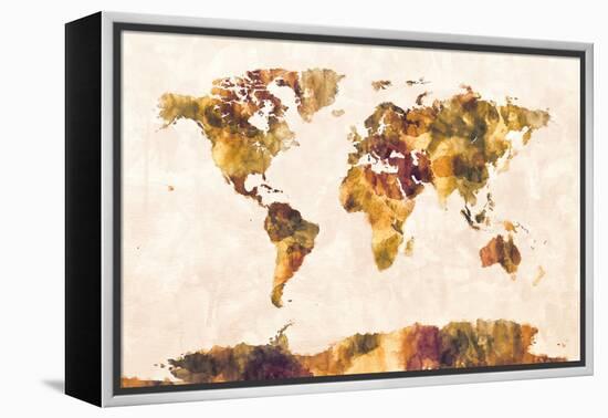 Map of the World Map Watercolor Painting-Michael Tompsett-Framed Stretched Canvas