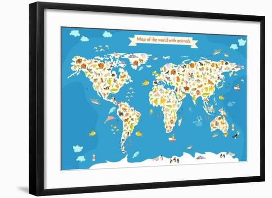 Map of the World with Animals. Beautiful Colorful Vector Illustration-coffeee_in-Framed Premium Giclee Print