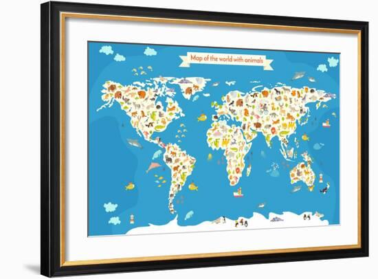 Map of the World with Animals. Beautiful Colorful Vector Illustration-coffeee_in-Framed Premium Giclee Print