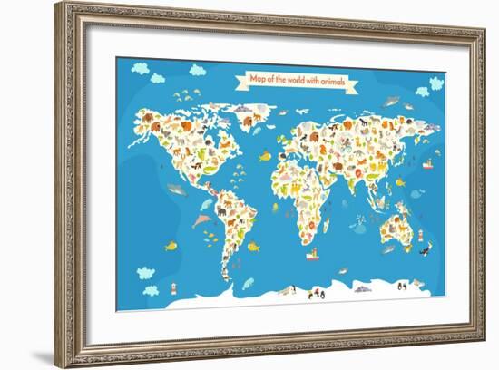 Map of the World with Animals. Beautiful Colorful Vector Illustration-coffeee_in-Framed Art Print