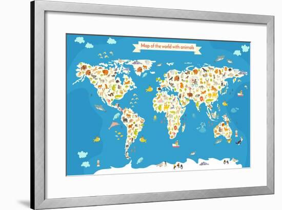 Map of the World with Animals. Beautiful Colorful Vector Illustration-coffeee_in-Framed Art Print