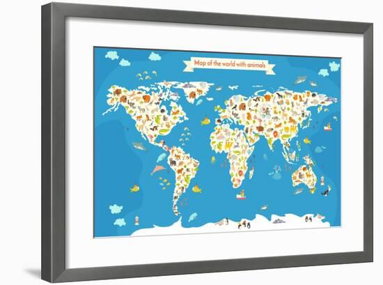 Map of the World with Animals. Beautiful Colorful Vector Illustration-coffeee_in-Framed Art Print