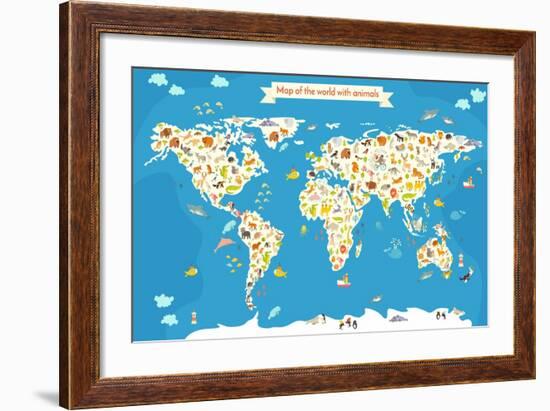 Map of the World with Animals. Beautiful Colorful Vector Illustration-coffeee_in-Framed Art Print