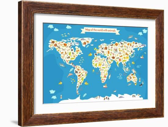 Map of the World with Animals. Beautiful Colorful Vector Illustration-coffeee_in-Framed Premium Giclee Print