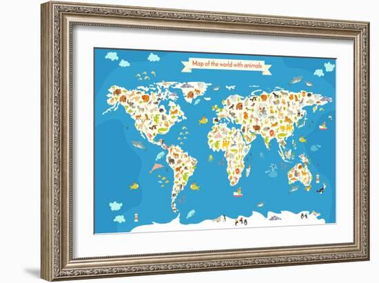 Map of the World with Animals. Beautiful Colorful Vector Illustration-coffeee_in-Framed Art Print