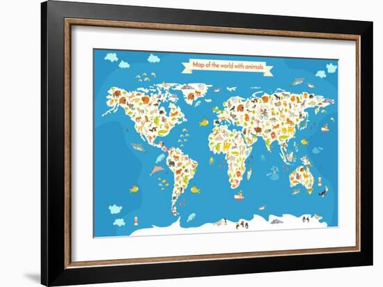 Map of the World with Animals. Beautiful Colorful Vector Illustration-coffeee_in-Framed Art Print