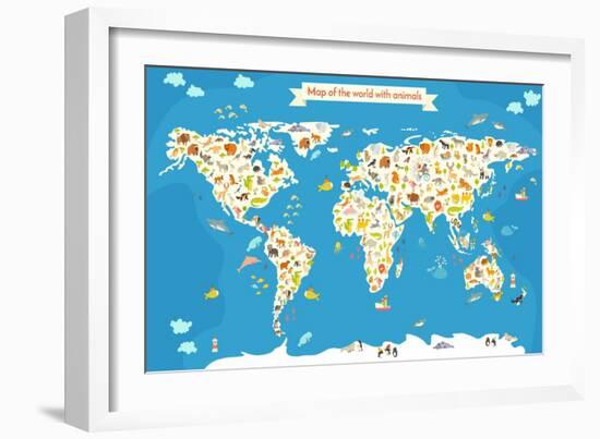 Map of the World with Animals. Beautiful Colorful Vector Illustration-coffeee_in-Framed Art Print