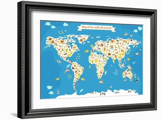 Map of the World with Animals. Beautiful Colorful Vector Illustration-coffeee_in-Framed Art Print