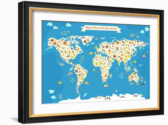 Map of the World with Animals. Beautiful Colorful Vector Illustration-coffeee_in-Framed Art Print