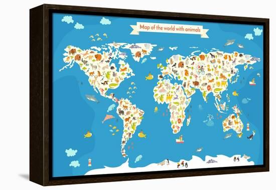 Map of the World with Animals. Beautiful Colorful Vector Illustration-coffeee_in-Framed Stretched Canvas