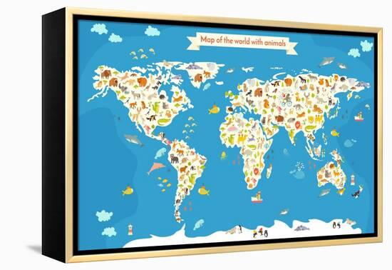 Map of the World with Animals. Beautiful Colorful Vector Illustration-coffeee_in-Framed Stretched Canvas