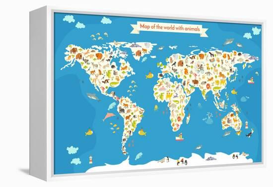 Map of the World with Animals. Beautiful Colorful Vector Illustration-coffeee_in-Framed Stretched Canvas