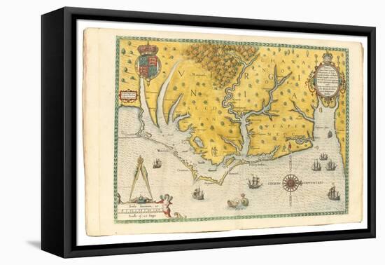 Map of Virginia Showing the Arrival of Sir Walter Raleigh's Expedition in 1585, 1590-John White-Framed Premier Image Canvas