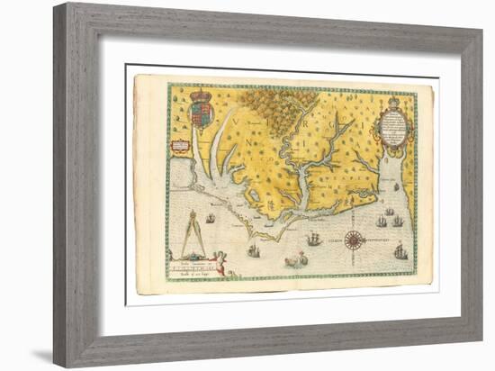 Map of Virginia Showing the Arrival of Sir Walter Raleigh's Expedition in 1585, 1590-John White-Framed Giclee Print