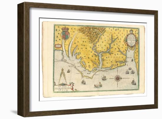 Map of Virginia Showing the Arrival of Sir Walter Raleigh's Expedition in 1585, 1590-John White-Framed Giclee Print