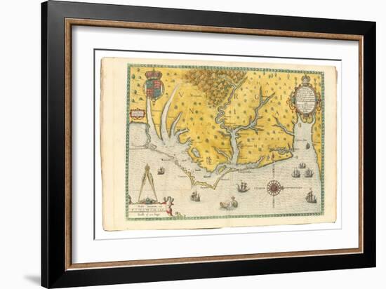 Map of Virginia Showing the Arrival of Sir Walter Raleigh's Expedition in 1585, 1590-John White-Framed Giclee Print