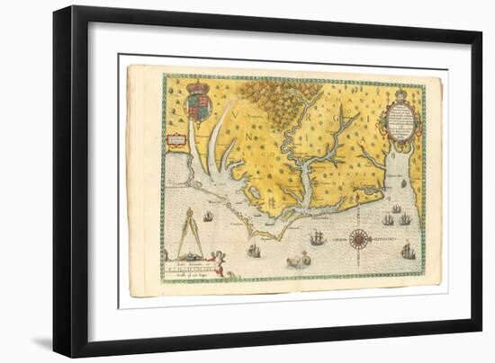 Map of Virginia Showing the Arrival of Sir Walter Raleigh's Expedition in 1585, 1590-John White-Framed Giclee Print