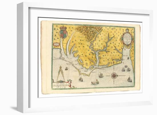 Map of Virginia Showing the Arrival of Sir Walter Raleigh's Expedition in 1585, 1590-John White-Framed Giclee Print