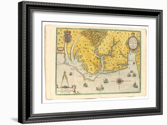 Map of Virginia Showing the Arrival of Sir Walter Raleigh's Expedition in 1585, 1590-John White-Framed Giclee Print