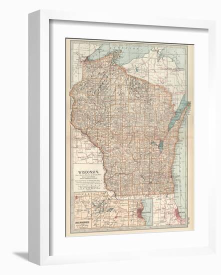 Map of Wisconsin. United States. Inset Map of Milwaukee and the Waukesha Lake Region-Encyclopaedia Britannica-Framed Art Print