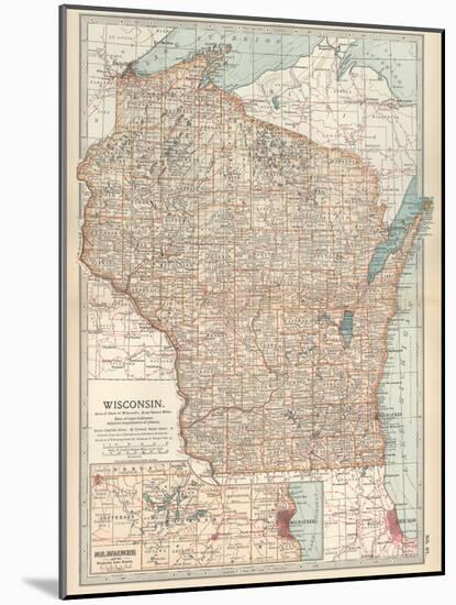 Map of Wisconsin. United States. Inset Map of Milwaukee and the Waukesha Lake Region-Encyclopaedia Britannica-Mounted Art Print