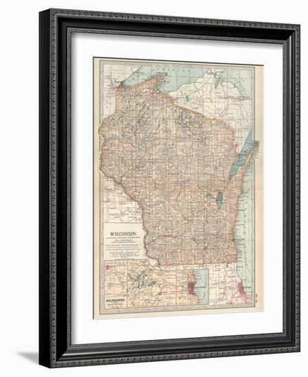 Map of Wisconsin. United States. Inset Map of Milwaukee and the Waukesha Lake Region-Encyclopaedia Britannica-Framed Art Print