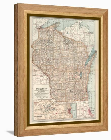 Map of Wisconsin. United States. Inset Map of Milwaukee and the Waukesha Lake Region-Encyclopaedia Britannica-Framed Stretched Canvas