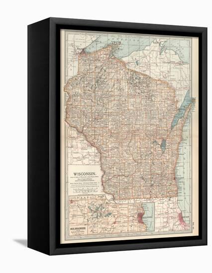 Map of Wisconsin. United States. Inset Map of Milwaukee and the Waukesha Lake Region-Encyclopaedia Britannica-Framed Stretched Canvas