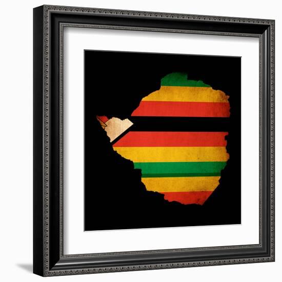 Map Outline Of Zimbabwe With Flag Grunge Paper Effect-Veneratio-Framed Art Print