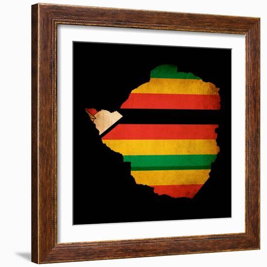 Map Outline Of Zimbabwe With Flag Grunge Paper Effect-Veneratio-Framed Art Print