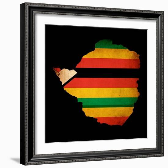 Map Outline Of Zimbabwe With Flag Grunge Paper Effect-Veneratio-Framed Art Print