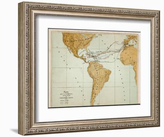 Map Showing the Four Voyages Taken by Columbus-null-Framed Art Print